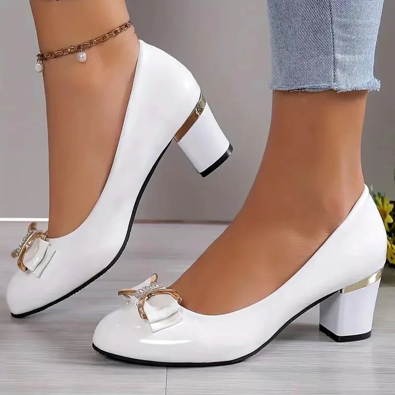 Zapatos De Mujer Fashion Sweet White Patent Leather Office Career Square Heel Shoes for Women Lady Casual Shoes
