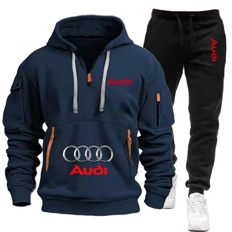 AUDI Conjunto deportivo informal de dos piezas, holgado y cálido, con sudadera con capucha y pantalones deportivos para hombre.
