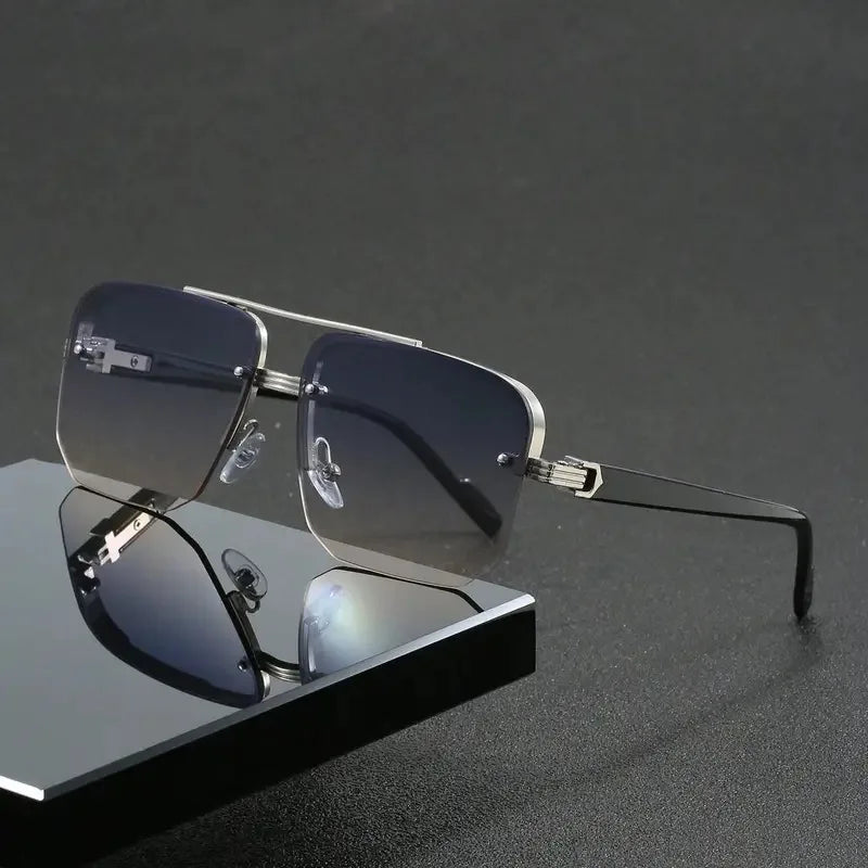 Trendy Aviator Sunglasses for Mens Womens Retro Double Bridge Metal Driving UV400 Outdoor Eyewear Semi-Rimless Lentes De Sol