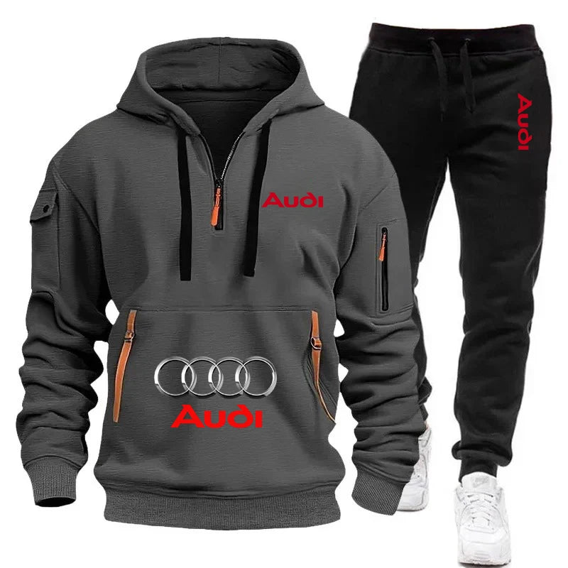 AUDI Conjunto deportivo informal de dos piezas, holgado y cálido, con sudadera con capucha y pantalones deportivos para hombre.