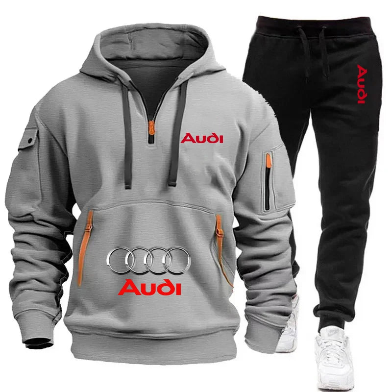 AUDI Conjunto deportivo informal de dos piezas, holgado y cálido, con sudadera con capucha y pantalones deportivos para hombre.