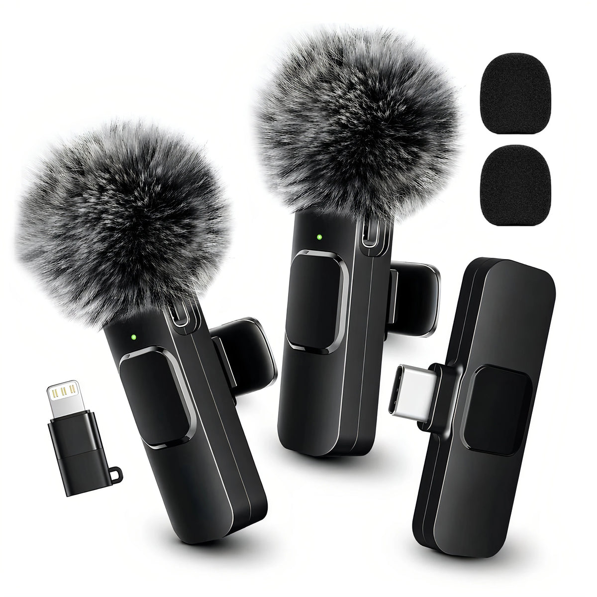 Wireless Lavalier Microphone with Furry Windscreen, Type-C&Lightning Adapter, Mini Clip Mic, Android, iPhone, Tablets, Laptops