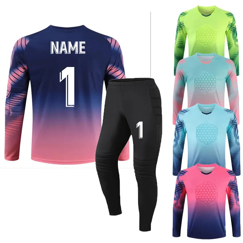 Custom Men Football Goalkeeper Uniforms Suit Adult Kids Jerseys Sets Long Sleeve Protective Sponge Soccer Shirt Pants Sports