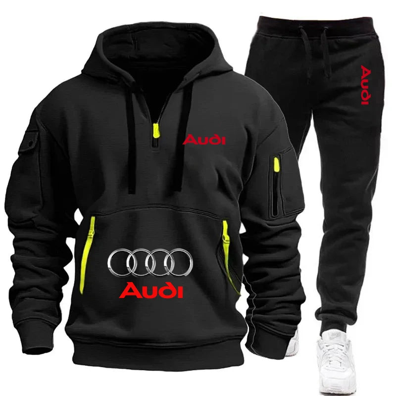 AUDI Conjunto deportivo informal de dos piezas, holgado y cálido, con sudadera con capucha y pantalones deportivos para hombre.