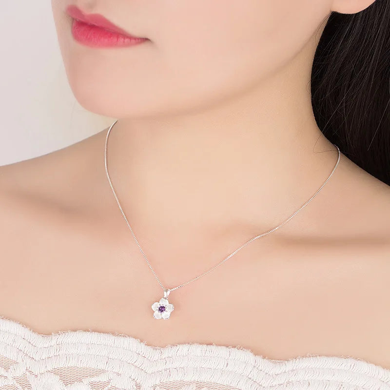 925 Sterling Silver Pink Purple Peach Blossom Necklaces For Women Luxury Designer Jewelry Accessories Wholesale Jewellery