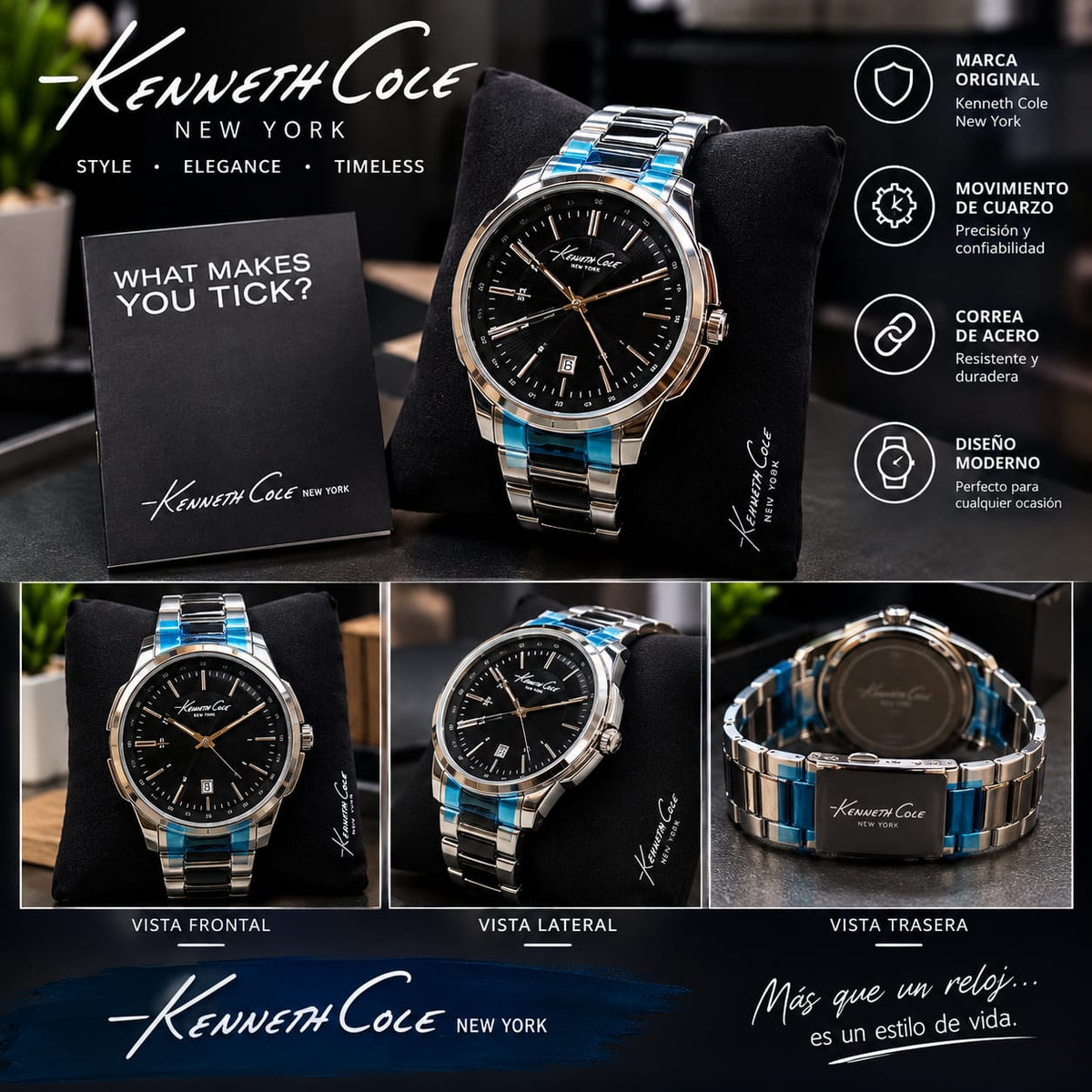 Reloj Kenneth Cole New York para Hombre – Acero Inoxidable, Esfera Negra y Detalles Azul (Copie)